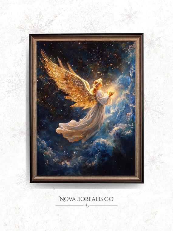Golden Winged Angel In Starry Night Sky Celestial Art Poster
