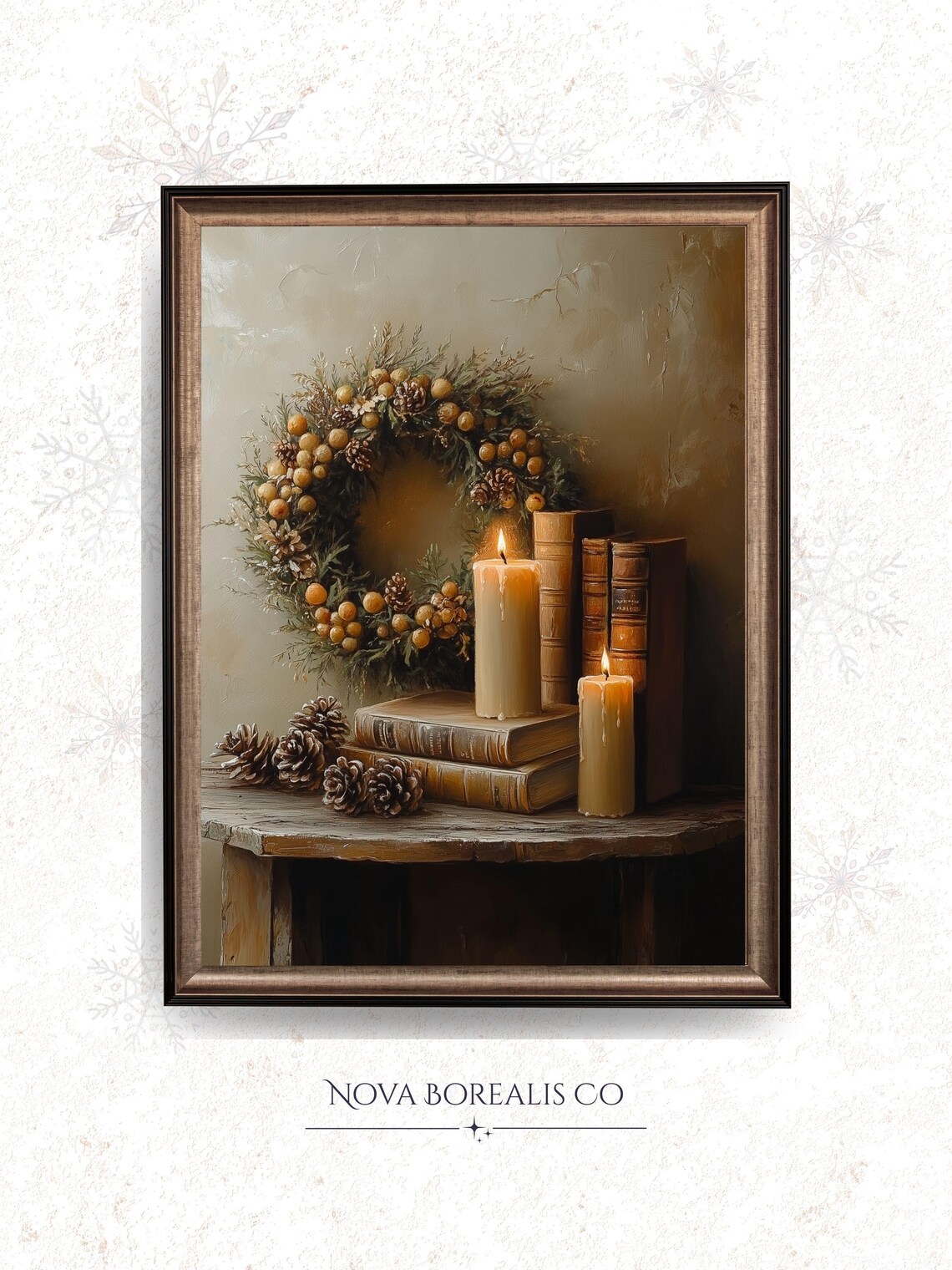 Vintage Golden Berry Wreath Candles Old Books Warm Candlelight Poster