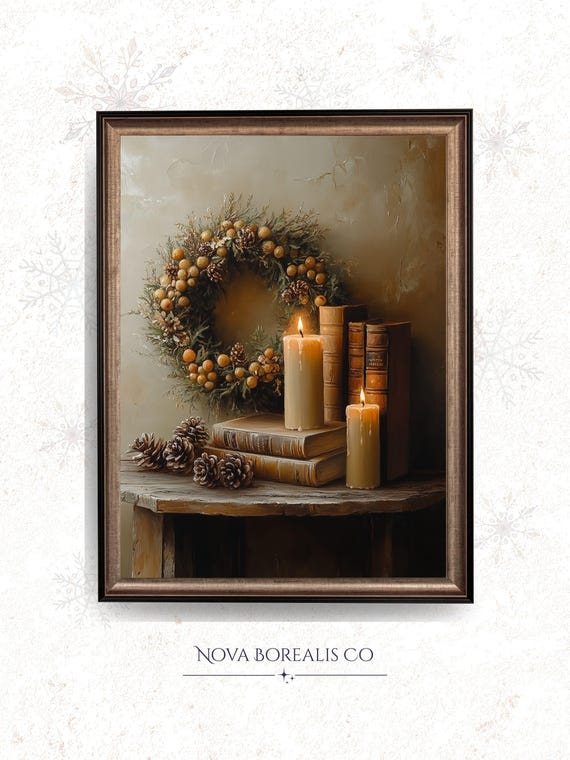 Vintage Wreath Over Candles Painting Rustic Moody Still Life Cozy Warm Decor Antique Style Wall Art Print For Farmhouse 156