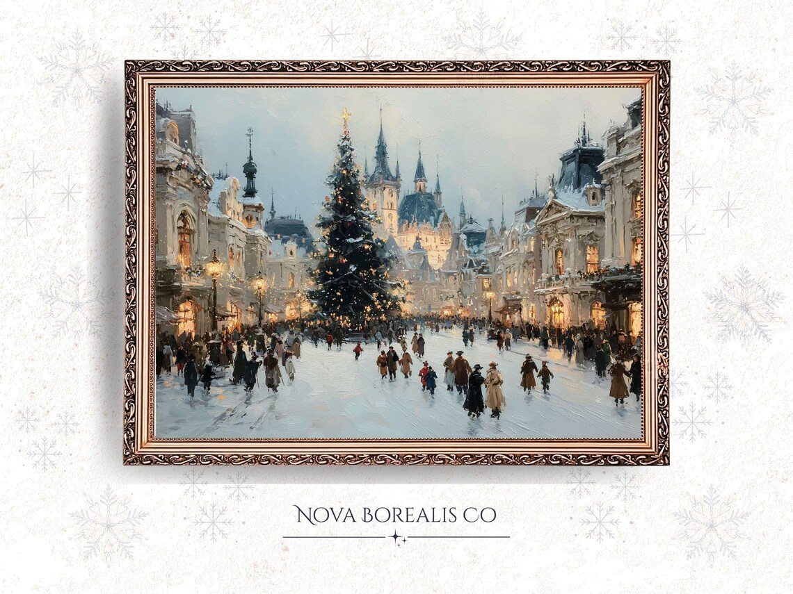 Christmas Tree In Snowy Old Town Square Vintage Holiday Poster