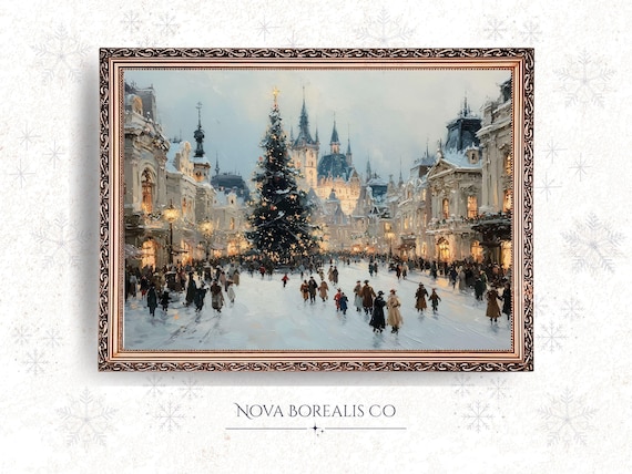 Christmas Tree In Snowy Old Town Square Vintage Holiday Poster