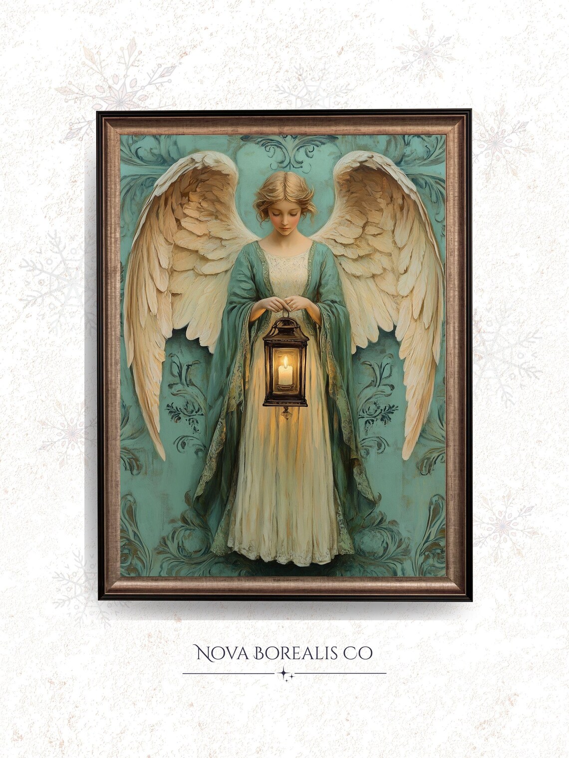 Angel Holding Lantern Teal Vintage Christmas Holiday Art Poster