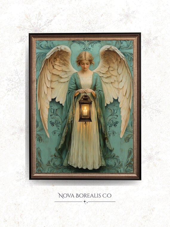 Angel Holding Lantern Teal Vintage Christmas Holiday Art Poster