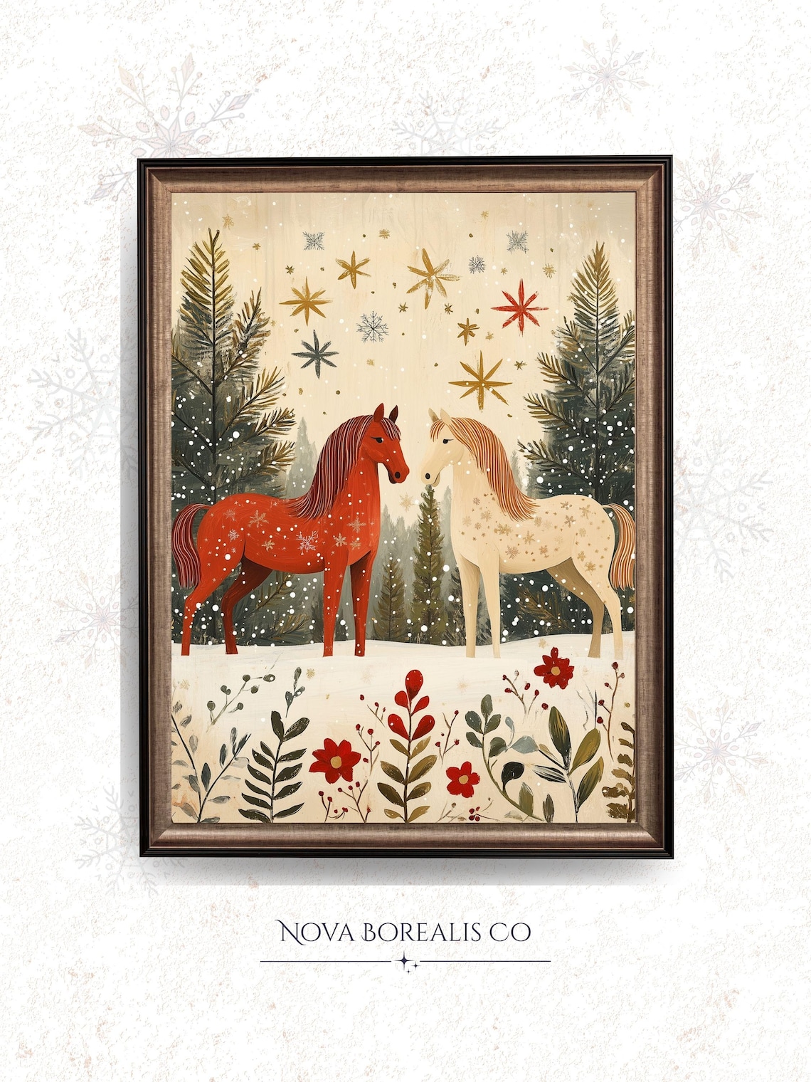 Rustic Folk Art Horses, Scandinavian Style Art Print