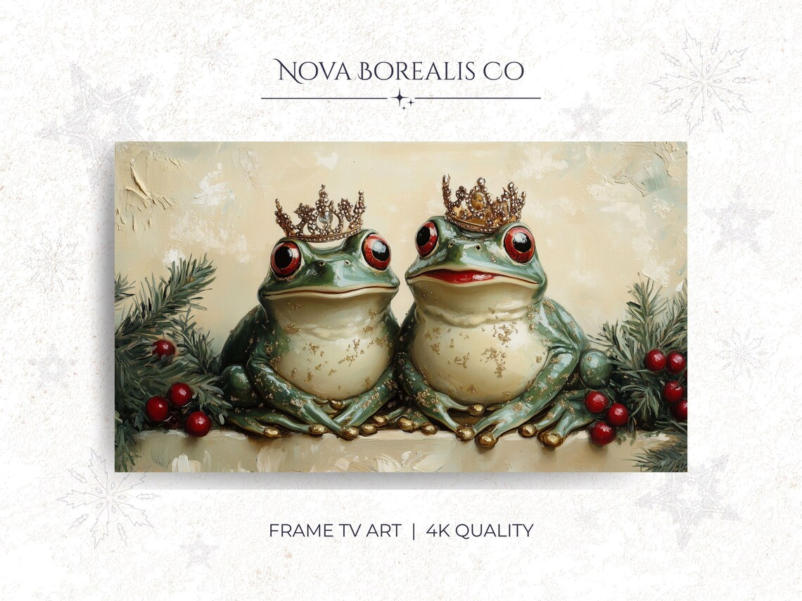 Royal Festive Winter Frogs Pair Golden Crowns Holiday Art Print