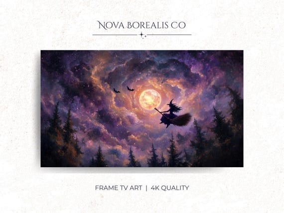 Vintage Witch Flying Broom Tv Art Halloween Wall Decor Spooky Forest Night Frame Artwork Autumn Home 25