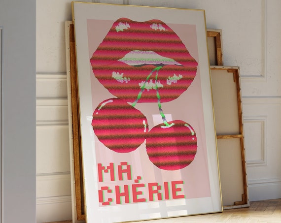 Retro Ma Cherie Print Cherries Psychedelic Poster Coquette Wall Art Red Pink Preppy Aesthetic Trendy Art Funky Y2k Apartment Wall Decor