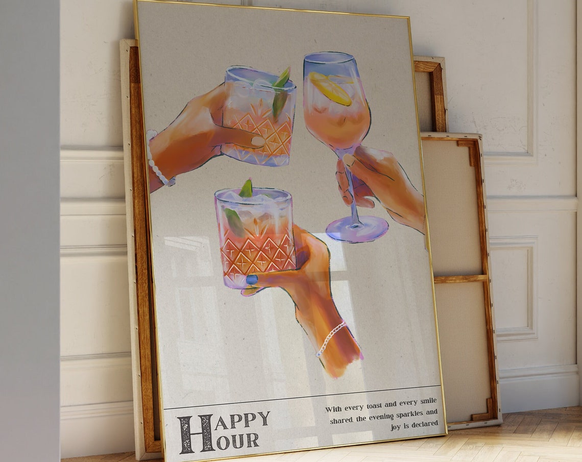 Happy Hour Cocktail Toast Illustration Cheers Bar Cart Poster