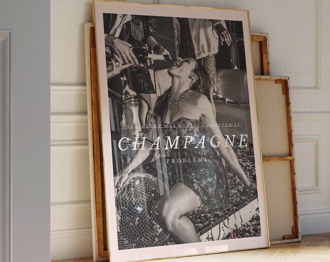 Champagne Problems Party Quote Black White Disco Photo Poster