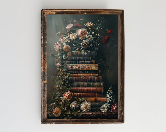 Dark Academia Wall Art Decor Vintage Books Artwork Wall Art Of Old Books Cottagecore Decor Moody Wall Art Floral Wall Art