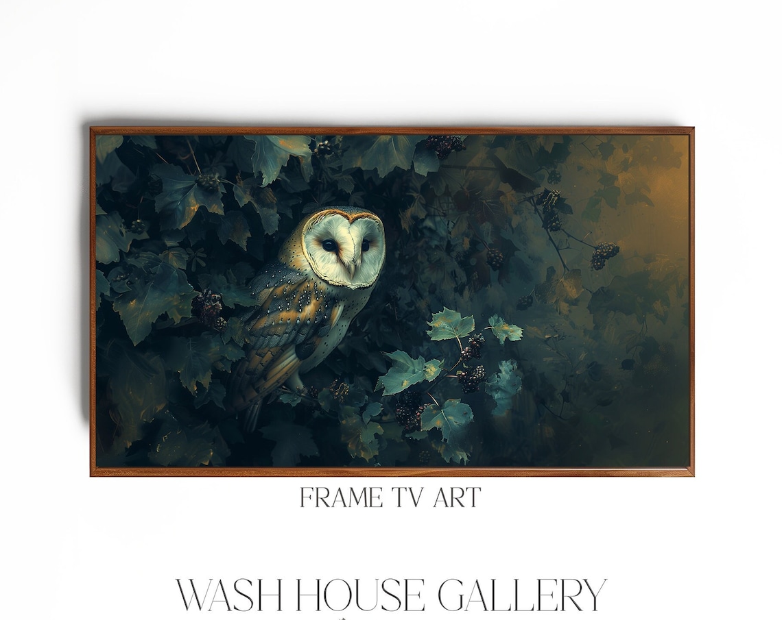 Barn Owl In Dark Ivy Vines Moody Oil Painting For Frame TV Poster
