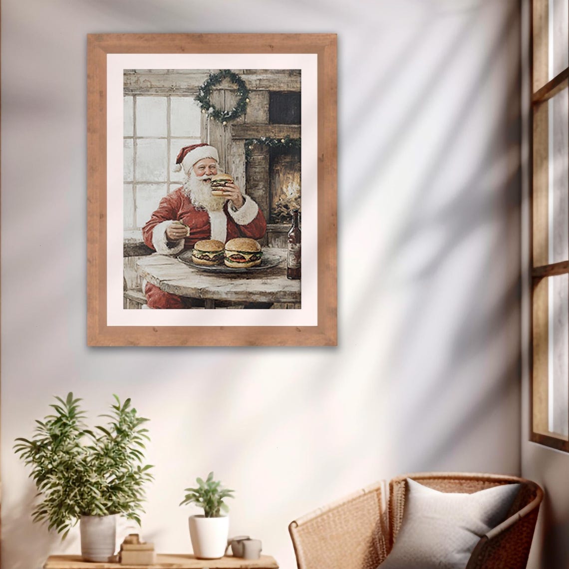 Santa Claus Eating Burgers Rustic Cabin Christmas Holiday Print - Image 2