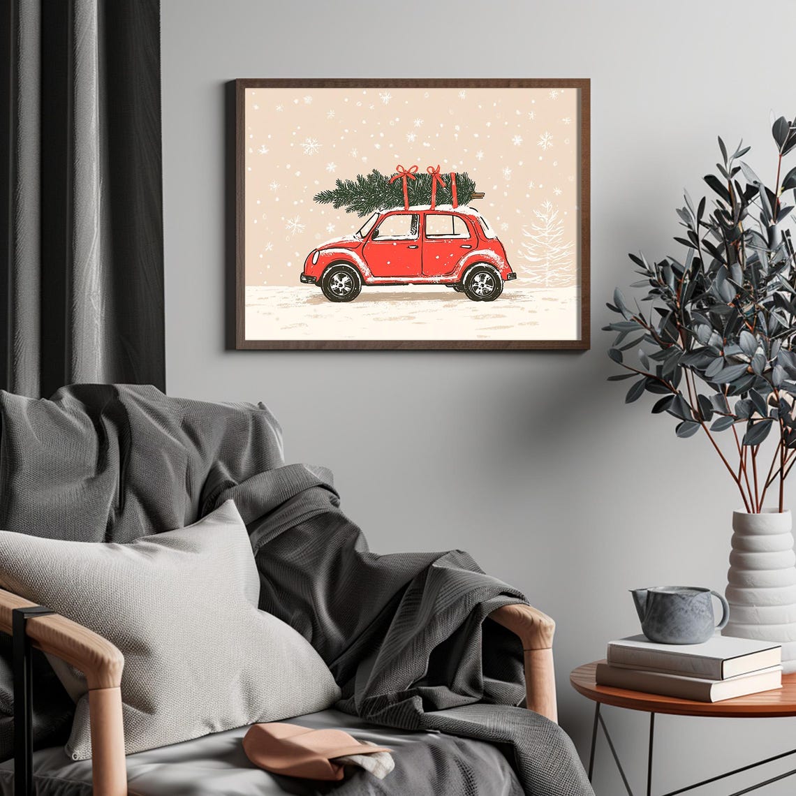 Christmas Tree On Red Car Print Vintage Christmas Decor Cute Christmas Wall Art - Image 4