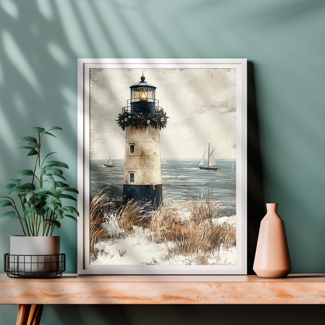 Coastal Lighthouse Christmas Garland Sailboat Winter Seascape Print - Image 4