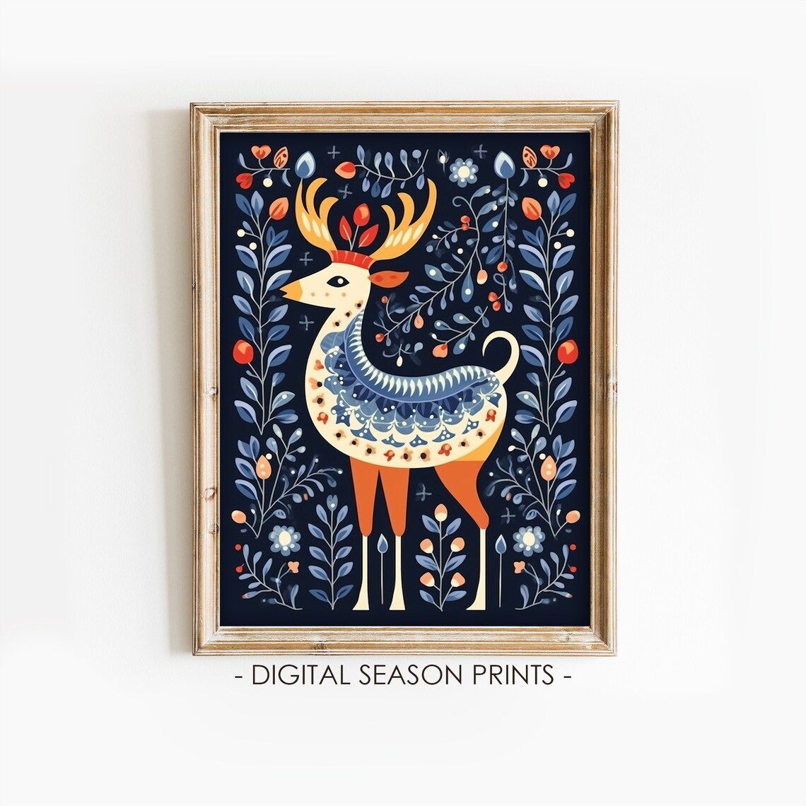 Scandinavian Folk Art Deer Navy Floral Nordic Holiday Animal Poster