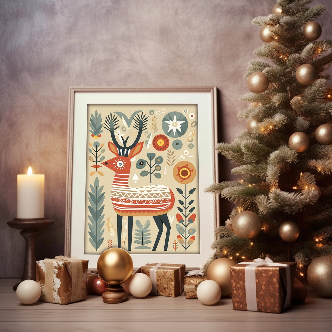 Scandinavian Folk Art Deer Nordic Reindeer Illustration Wall Art - Image 3