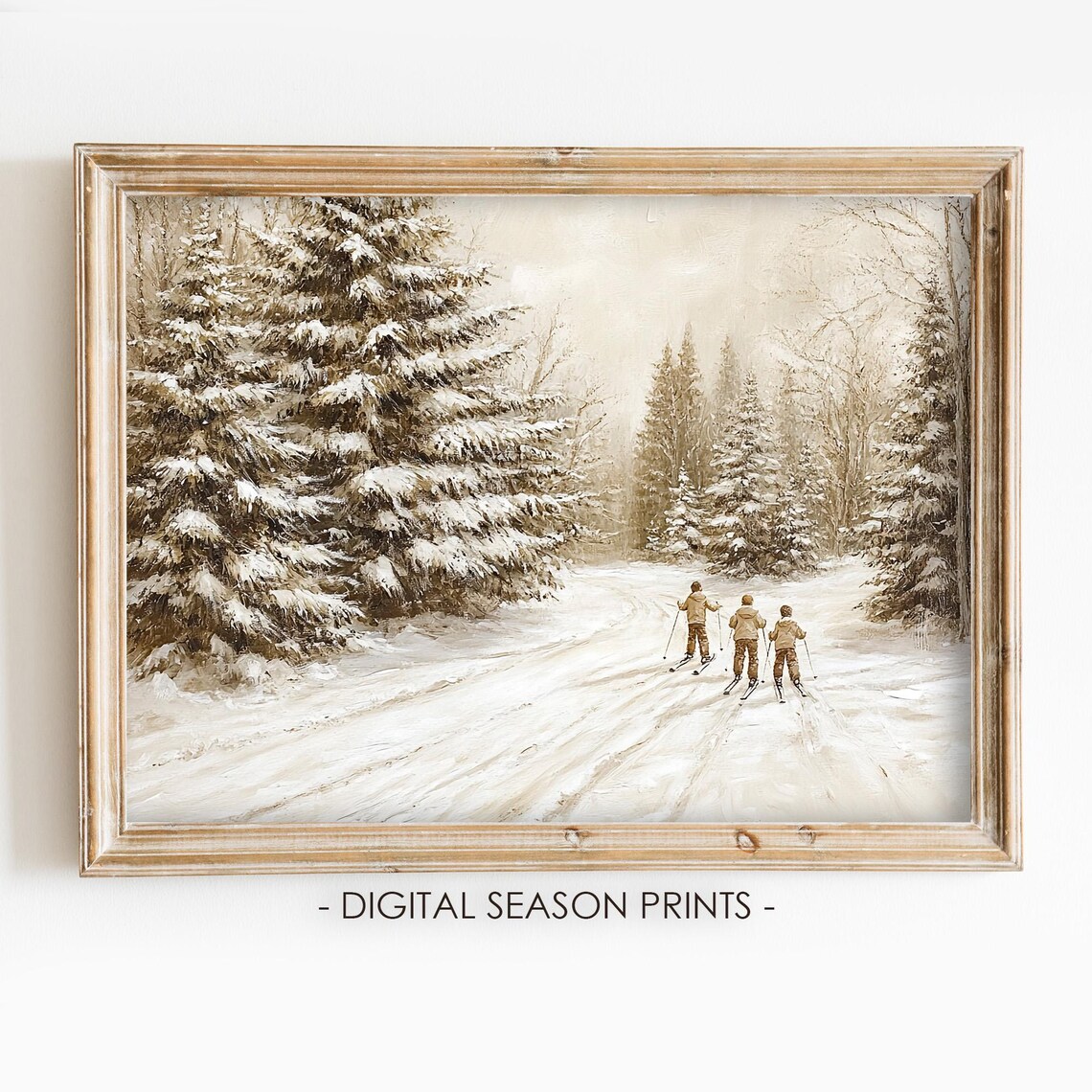 Three Skiers Snowy Forest Trail Vintage Winter Sports Poster