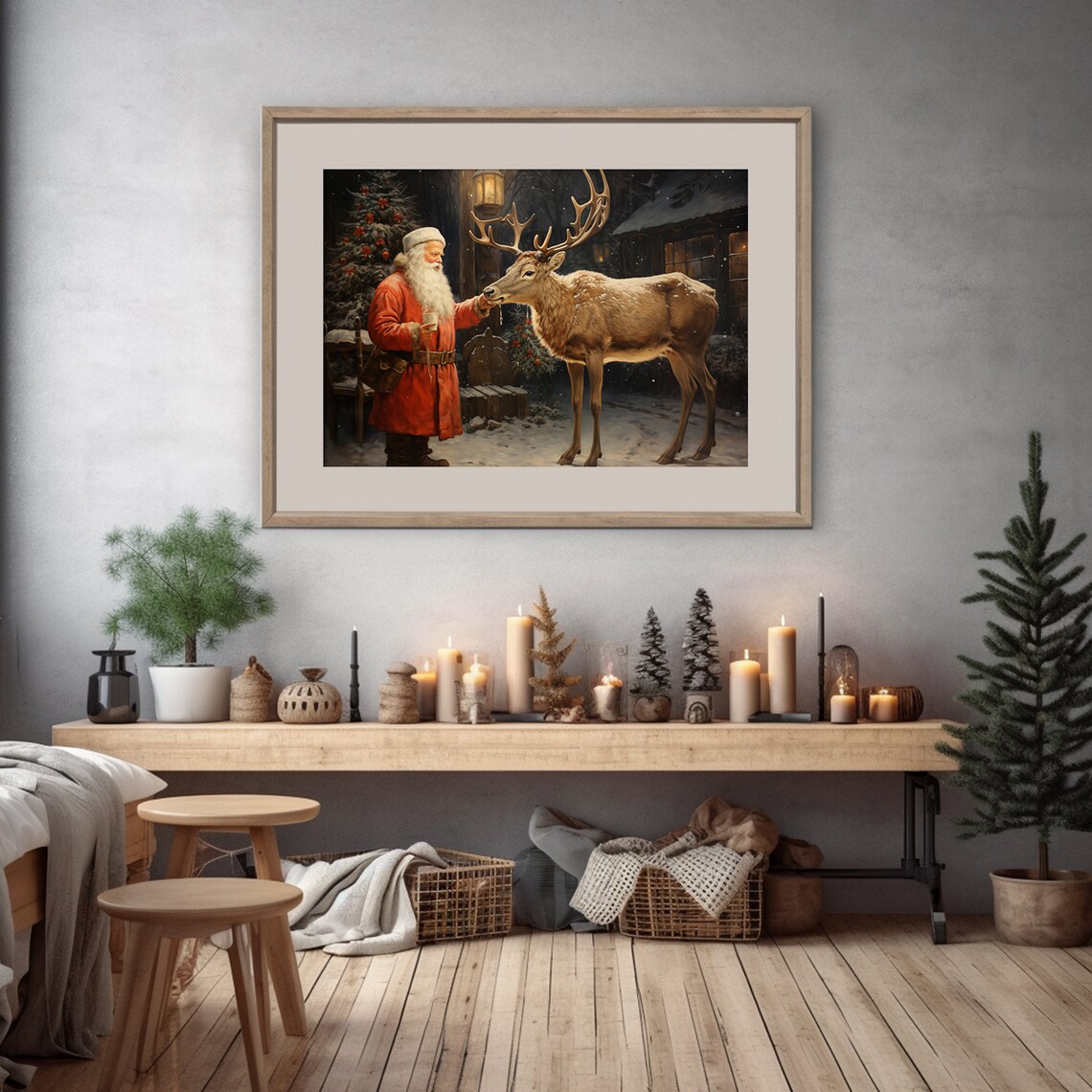 Santa Claus Feeding A Reindeer On A Snowy Night Scene Poster - Image 3