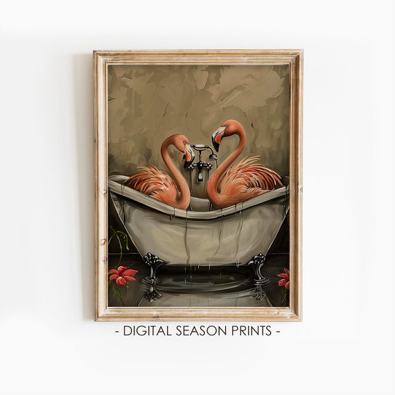 Flamingo Print Bathroom Wall Art Funny Animal Print Trendy Toilet Wall Decor Moody Bathroom Wall Decor Flamingo In Bathtub