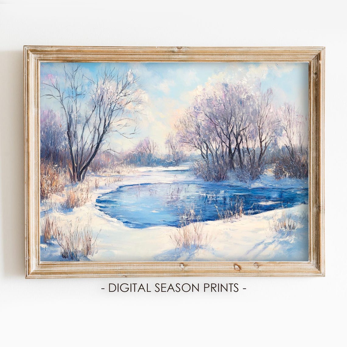 Frozen Blue Pond Snowy Banks Winter Landscape Scenic Nature Poster