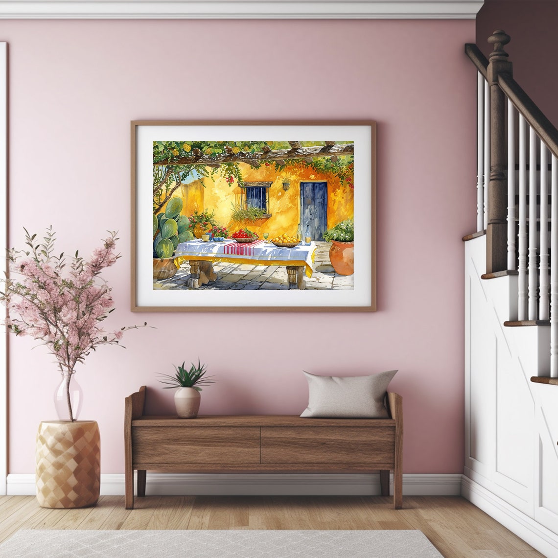 Sunny Mexican Courtyard with Cactus and Fruit Table Watercolor Poster - Image 3