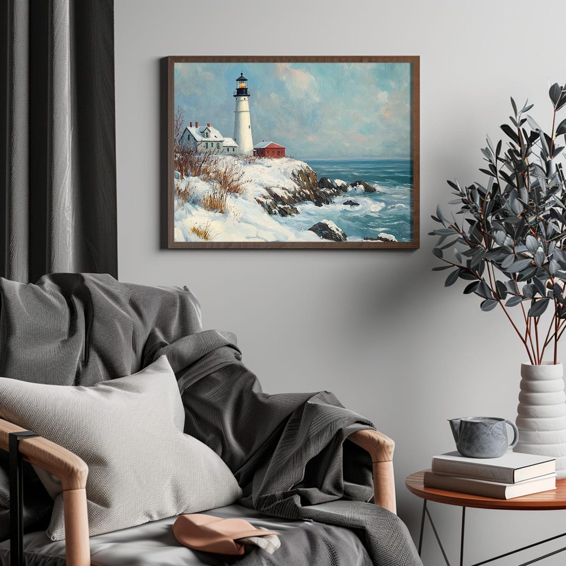 Snowy Winter Lighthouse Rocky Coast Coastal Painting Wall Art - Image 4