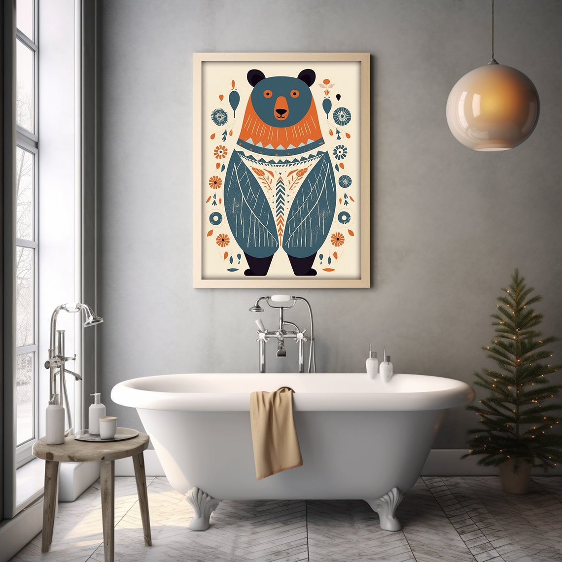 Scandinavian Folk Art Bear Teal Orange Nursery Decor Painting Poster - Image 3
