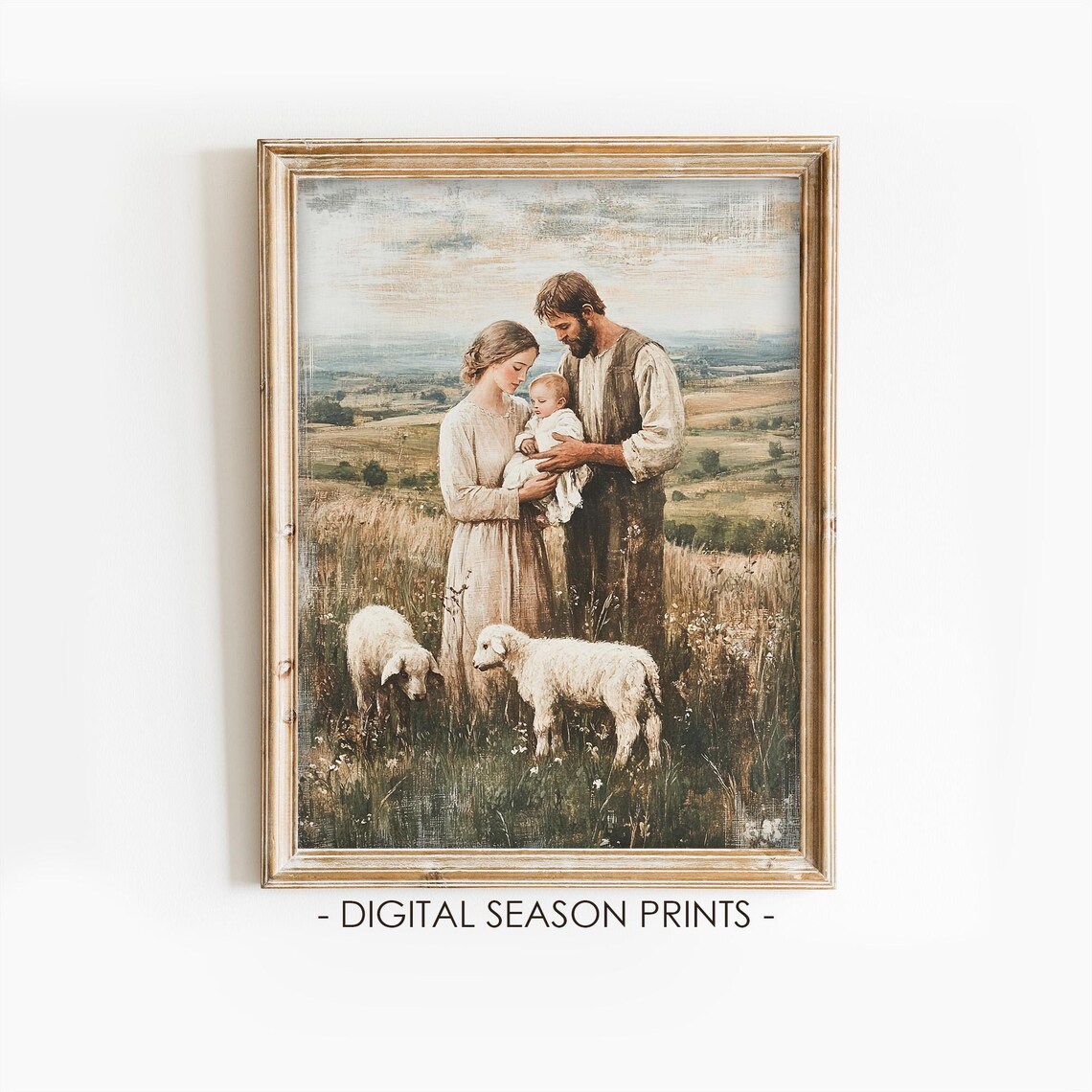 Holy Family with Baby Jesus and Lambs in Pastoral Field Print