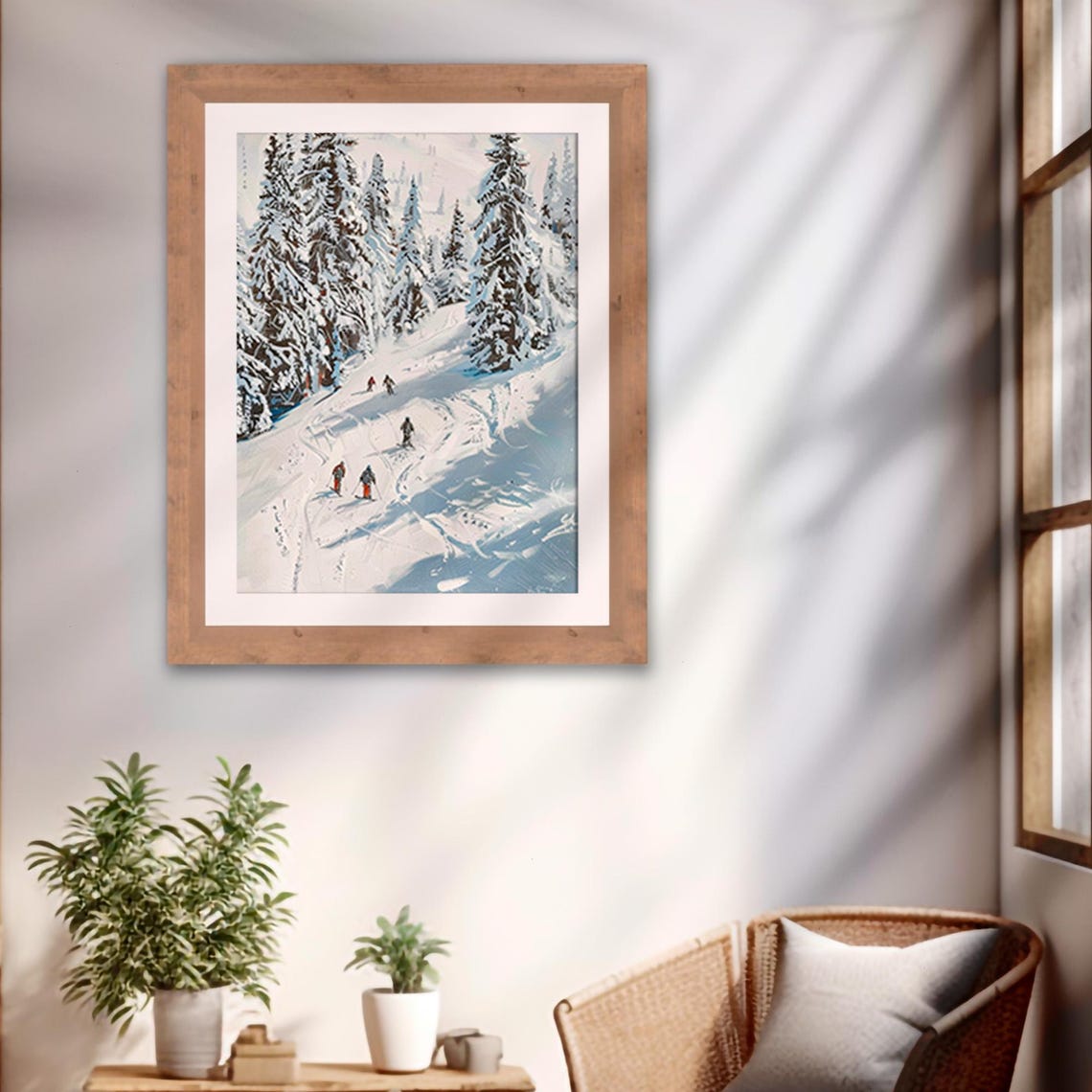 Skiers On Snowy Mountain Slope Among Pine Trees Vintage Style Print - Image 2