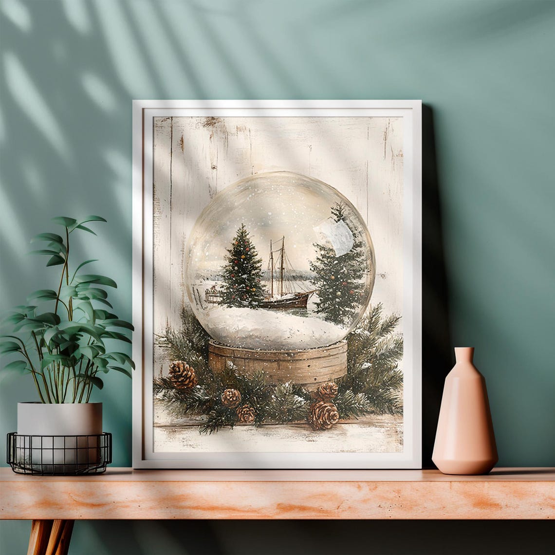 Nautical Christmas Snow Globe Vintage Ship Holiday Rustic Print - Image 4