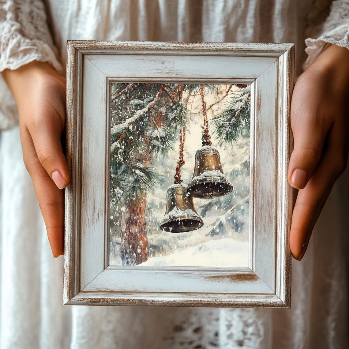 Brass Church Bells Hanging From Snowy Pine Branch Winter Poster - Image 3