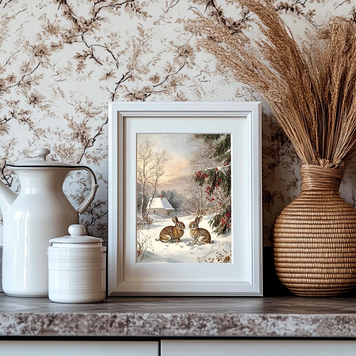 Two Rabbits Sitting Together In A Snowy Winter Woodland Poster - Image 4
