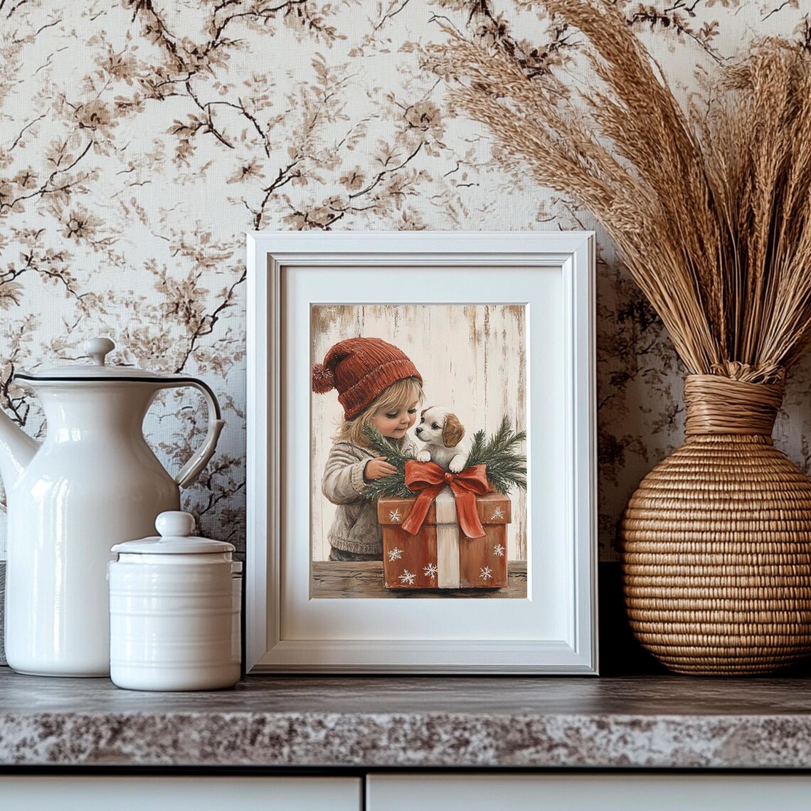 Little Girl in a Red Knit Hat with a Puppy in a Gift Box Poster - Image 4