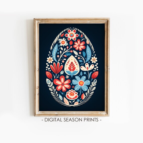 Scandinavian Folk Art Easter Egg Floral Painting on Dark Navy Poster