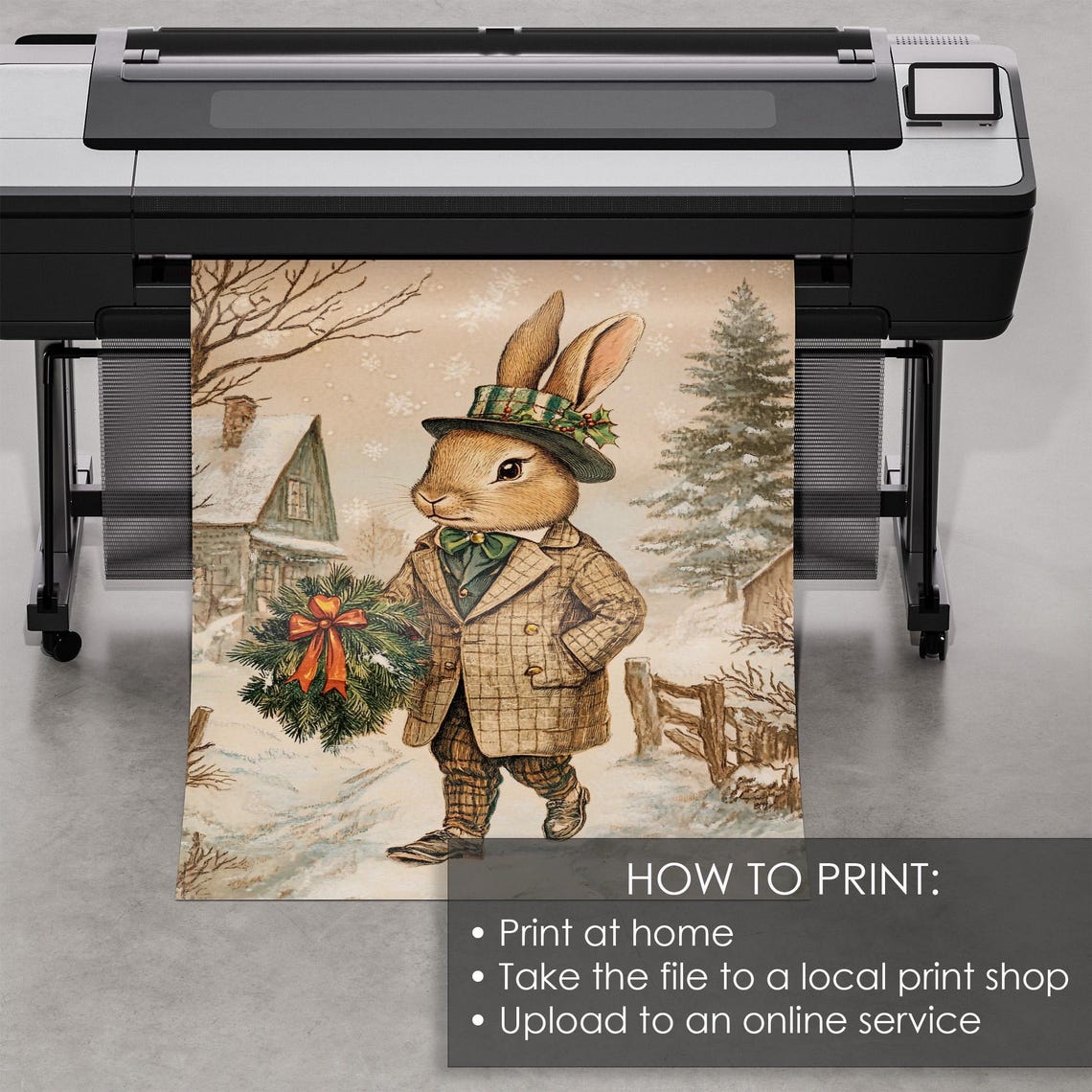 Dapper Christmas Bunny With Wreath In Snowy Village Scene Poster - Image 5