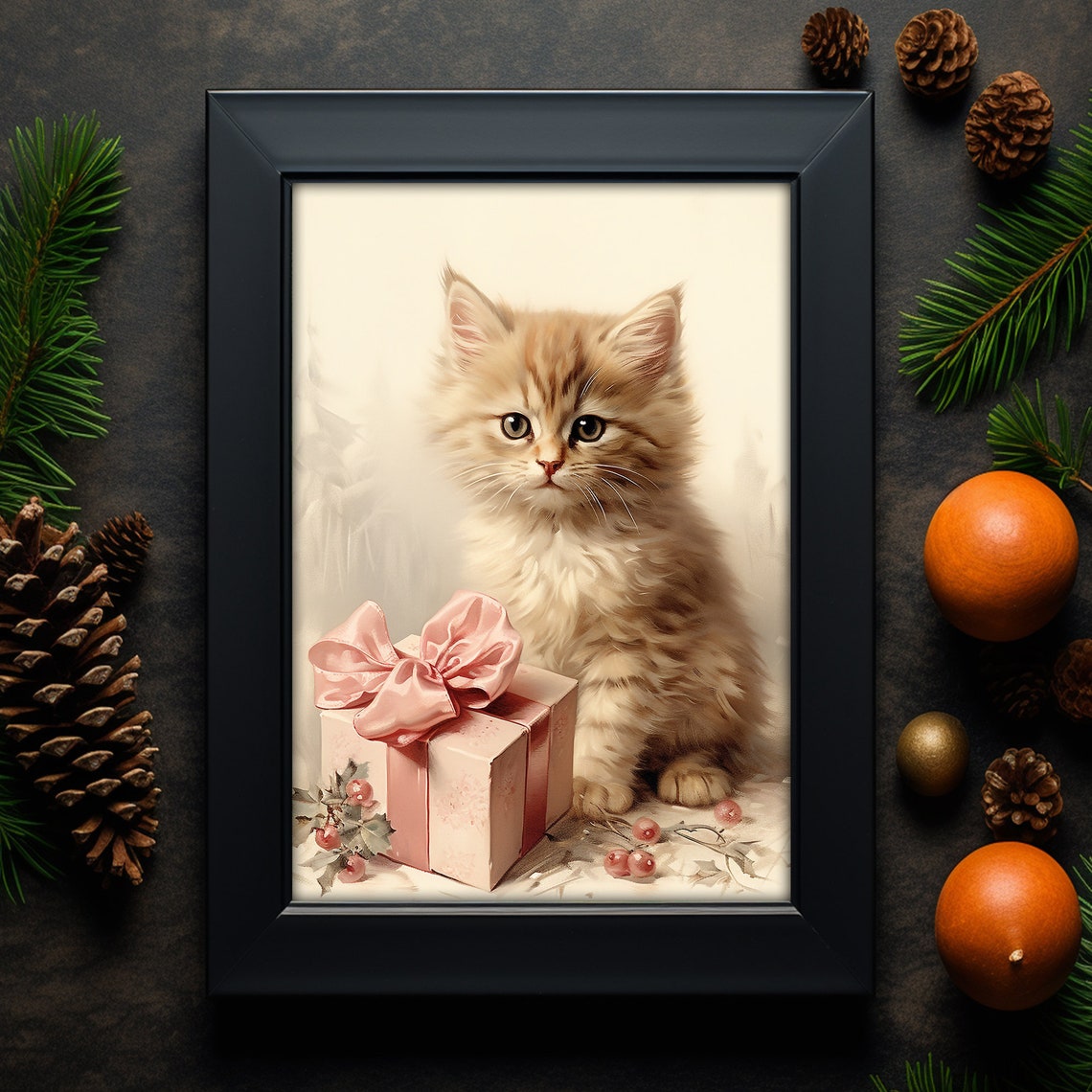 Fluffy Orange Kitten With Pink Gift Box Christmas Holiday Print - Image 5