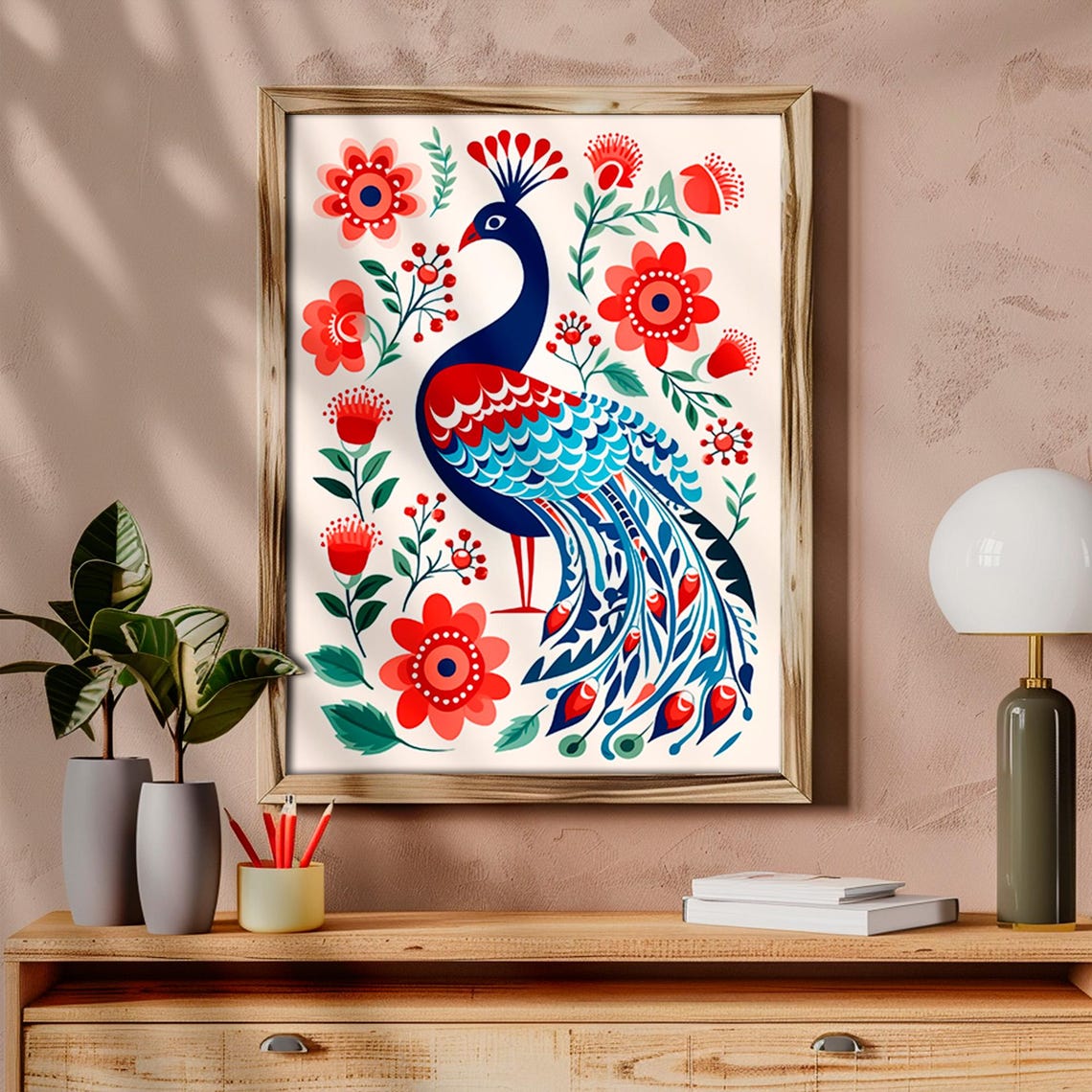 Nordic Scandinavian Folk Art Peacock Navy Red Floral Wall Art - Image 6