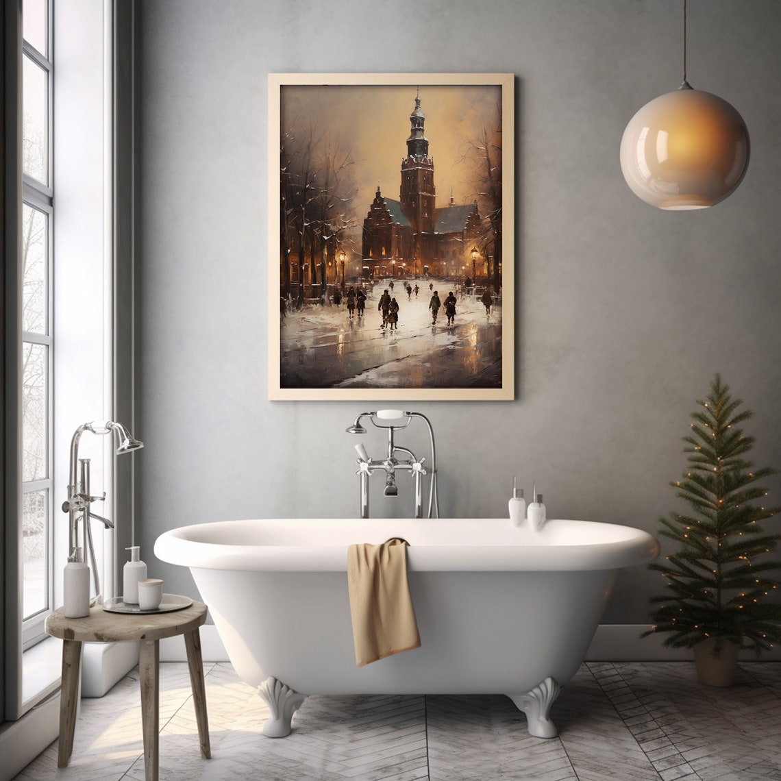 Snowy Old Church Town Square Winter Evening Oil Painting Wall Art - Image 2