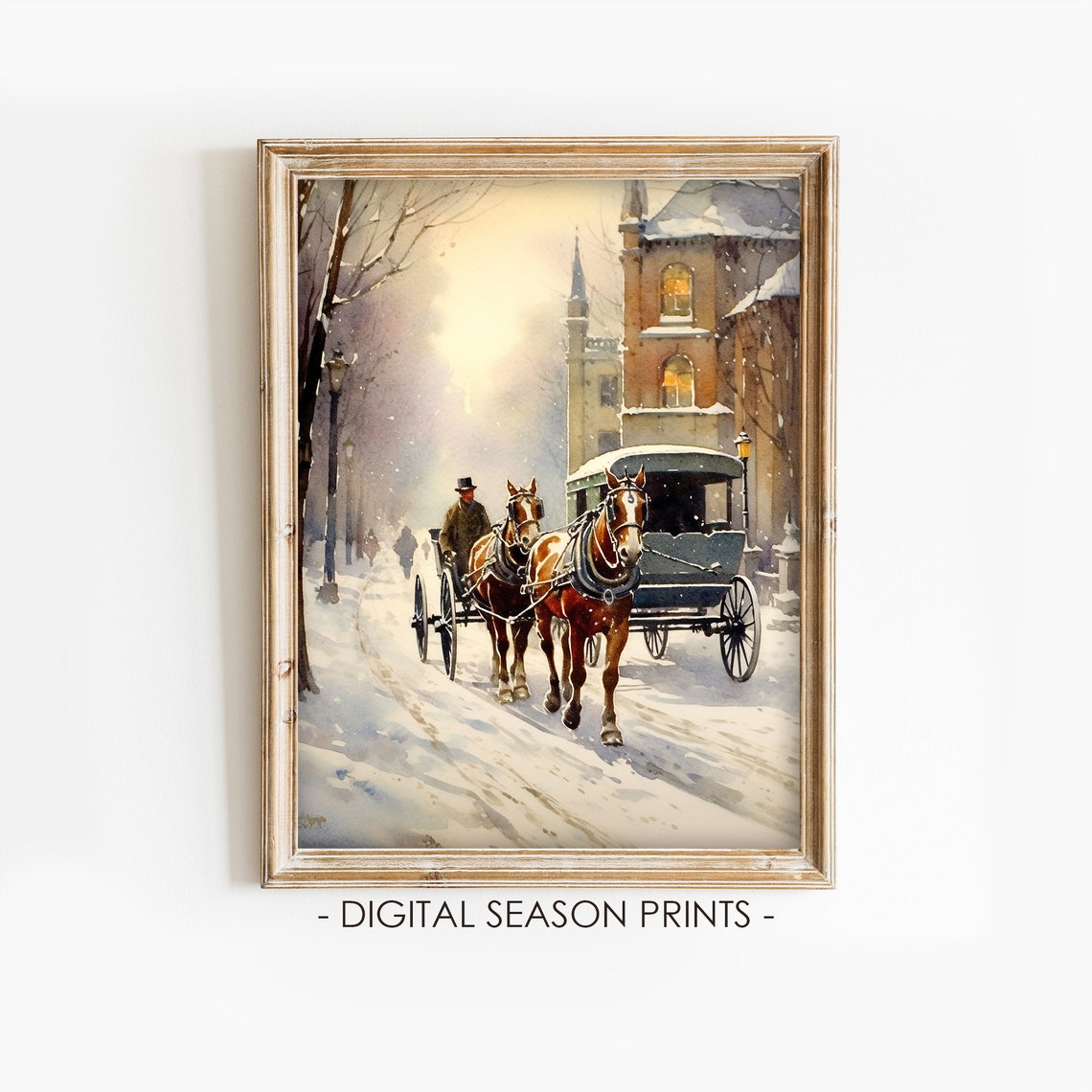 Horse Drawn Carriage Snowy Victorian Street Watercolor Wall Art