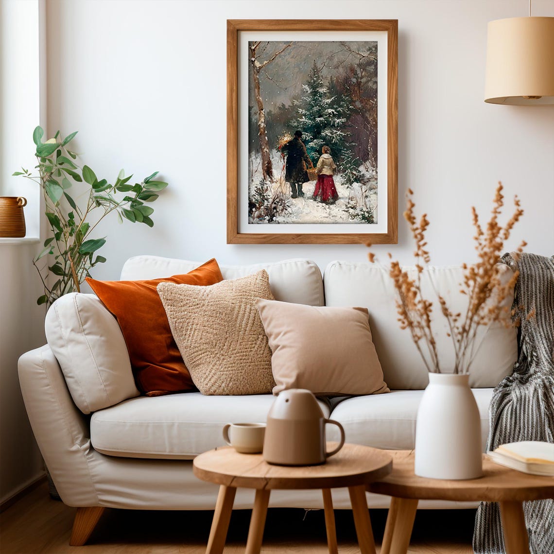 Couple Cutting Christmas Tree In Snowy Vintage Forest Scene Poster - Image 5