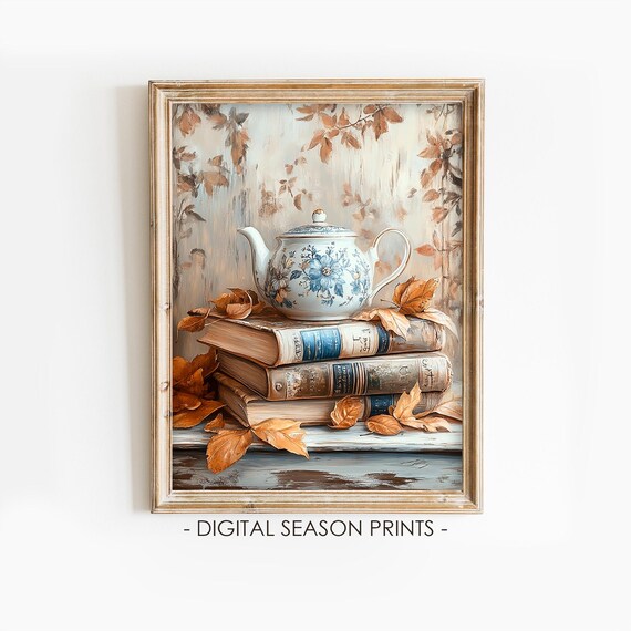 Blue Floral Teapot on Vintage Books Autumn Leaves Cozy Fall Print