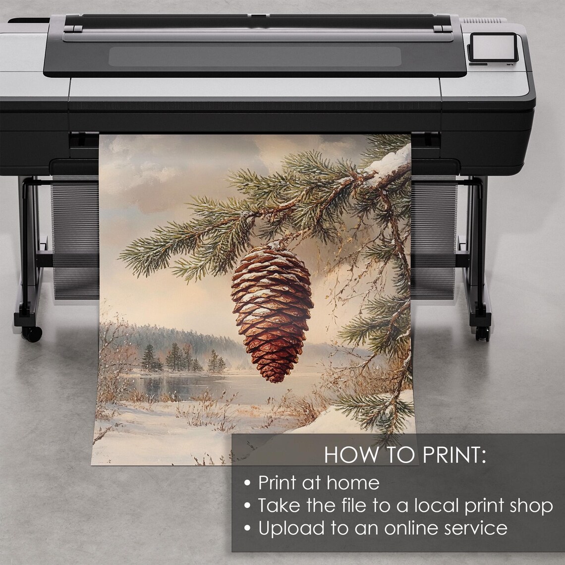 Snowy Pine Cone Hanging From Pine Branch Over Winter Lake Painting Poster - Image 5
