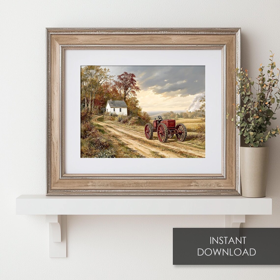 Antique Red Tractor Country Road Farmhouse Autumn Landscape Art Print - Image 6