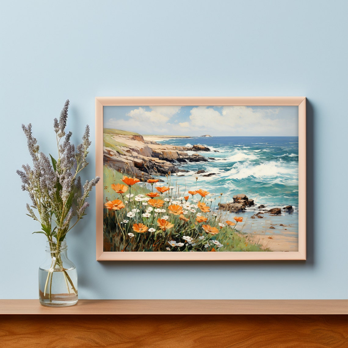 Rocky Ocean Coast with Orange Wildflowers Spring Painting Poster - Image 5