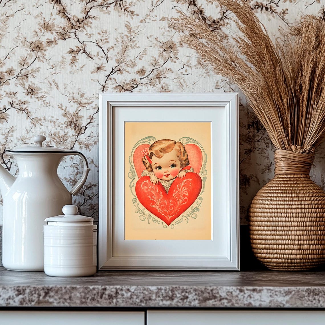 Vintage Valentines Girl Peeking Over Big Red Heart Retro Card Print - Image 4