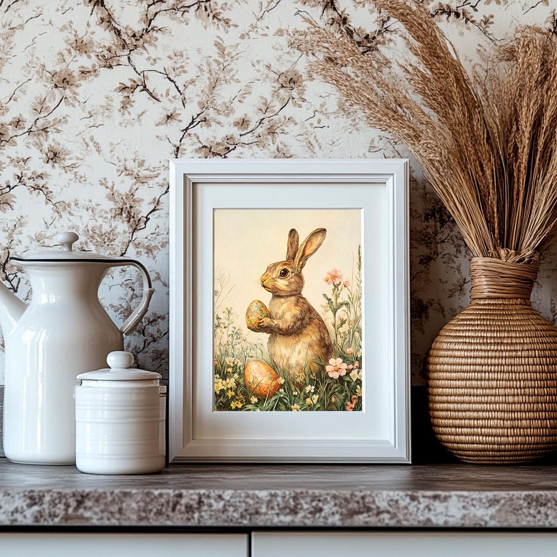 Easter Bunny Holding Painted Egg Among Spring Wildflowers Poster - Image 4