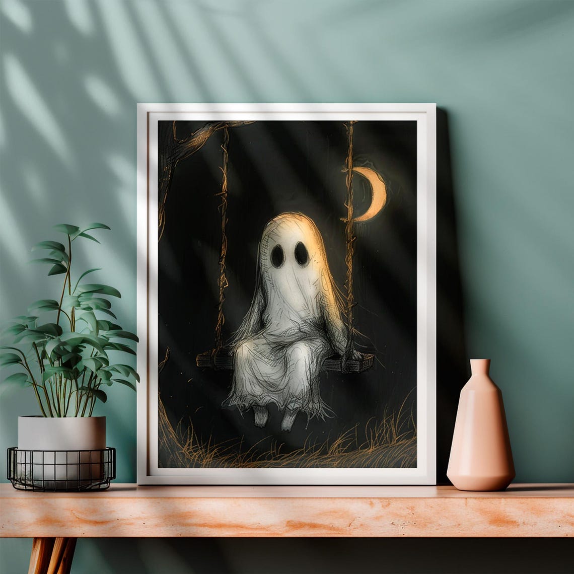 Lonely Ghost Swinging Crescent Moon Dark Night Sketch Halloween Poster - Image 4