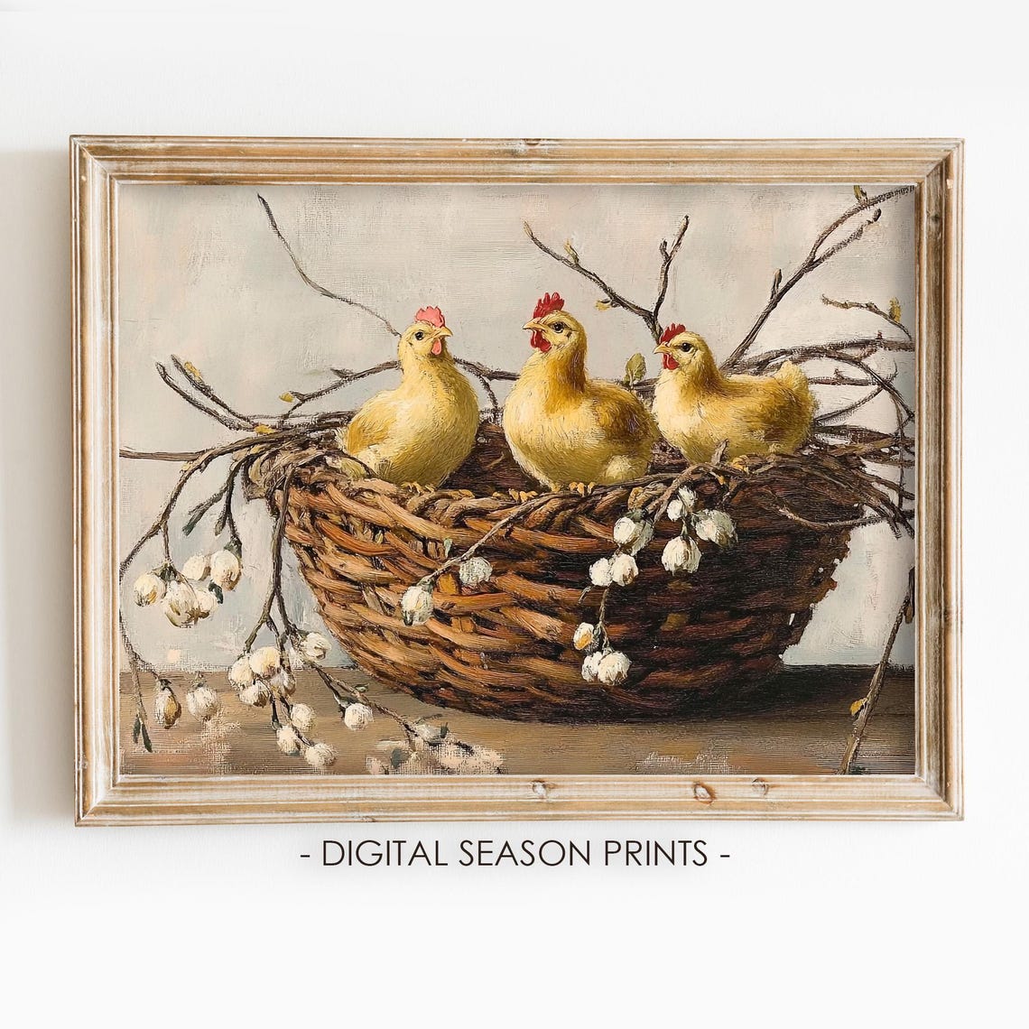 Easter Chicks In Wicker Basket Vintage Spring Pussy Willow Print