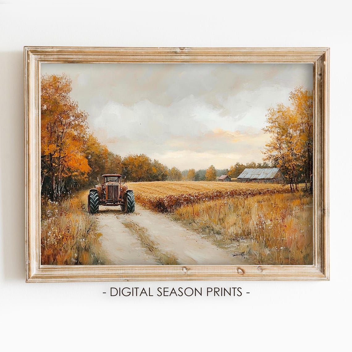 Vintage Tractor on a Dirt Road Golden Wheat Field Farm Scene Poster