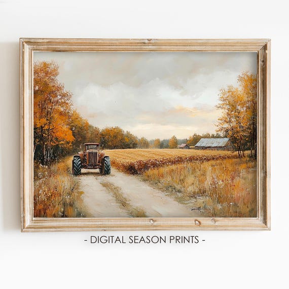 Rustic Farm Wall Art Vintage Tractor Print Fall Country Landscape Painting